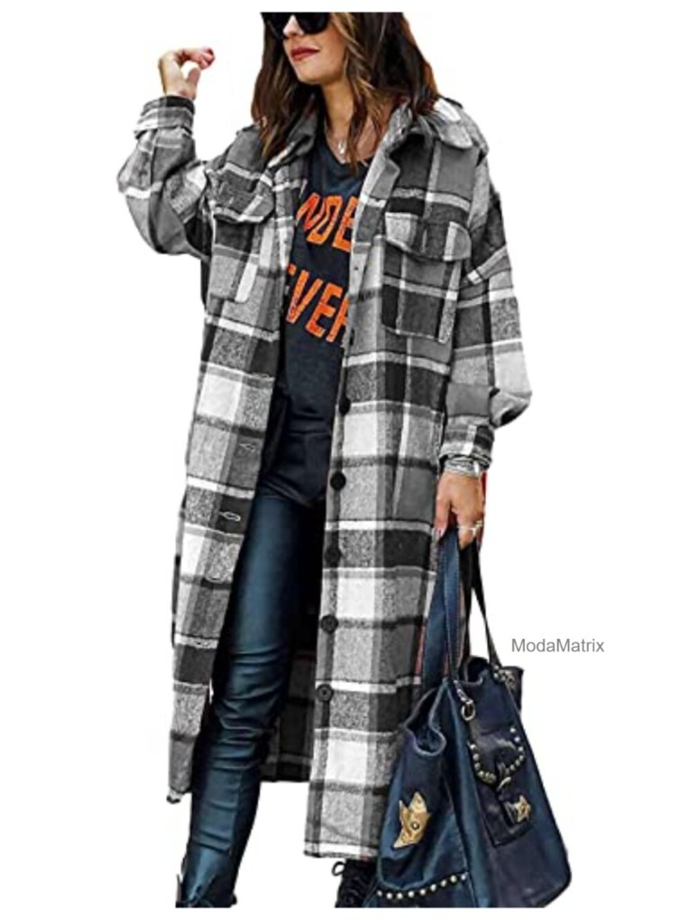 Wool Blend Plaid Long Shirt Jacket Button Up Shacket